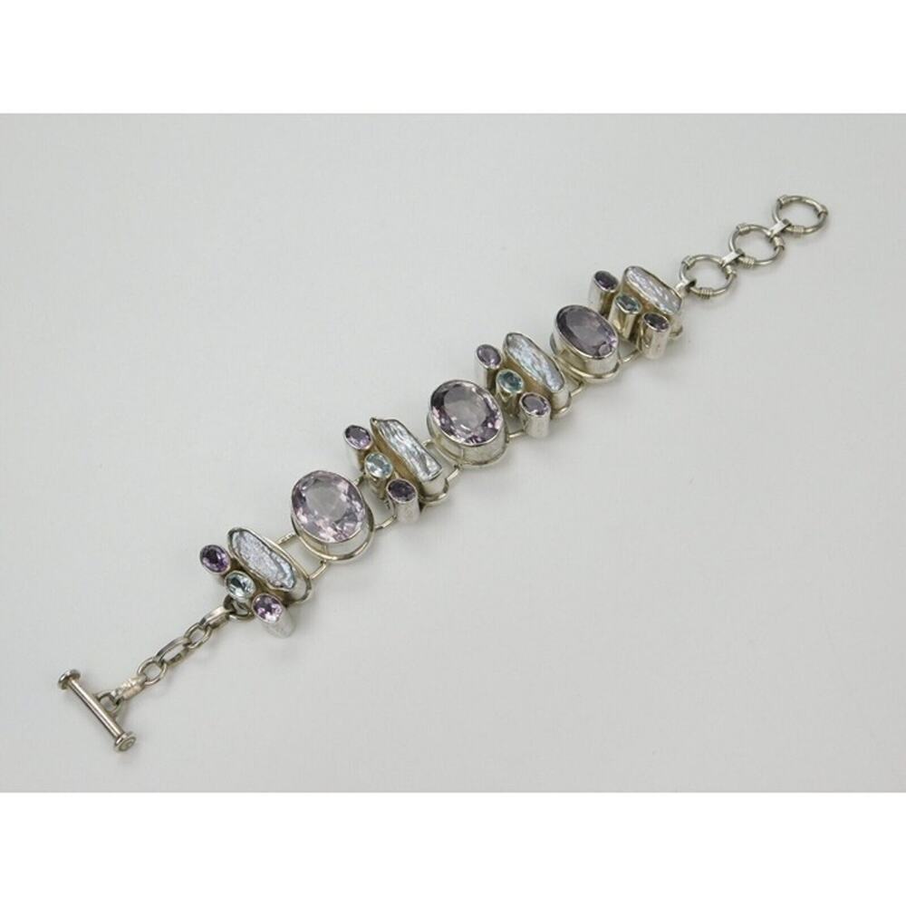 Real Amethyst Topaz Keshi Pearl Silver Plated Toggle 1" Wide Tennis Bracelet